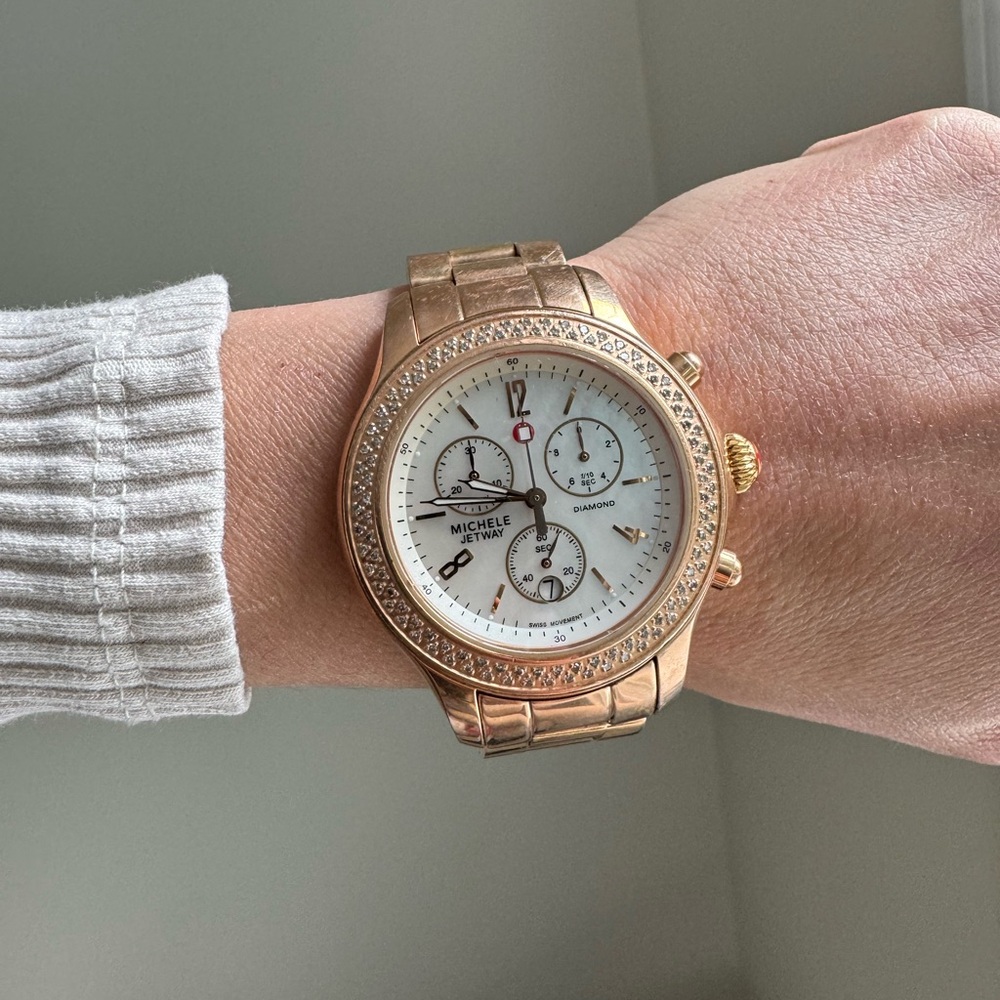 PRE-OWNED Michele Rose gold mother of pearl diamond watch